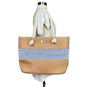 Amiani | Straw Beach Tote Blue White Stripe Rope Handle Oversized Summer Bag
